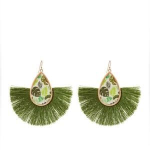 NWT Green Tropical Leaf Tassel Fan Earrings